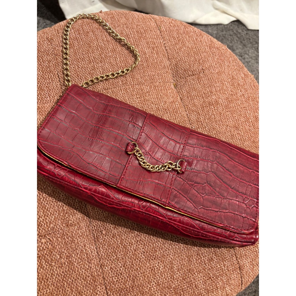 Burgundy Croc Embossed Chain Clutch Evening Bag Red Faux Leather Shoulder Bag